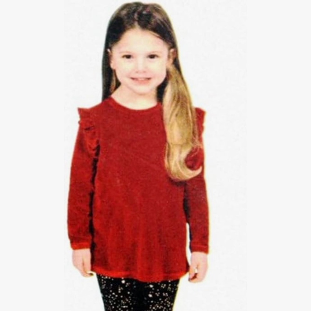 NWT BCBG Girls' Red Velvet Top, 2T Ruffle Long Sleeve Tee - Top Only